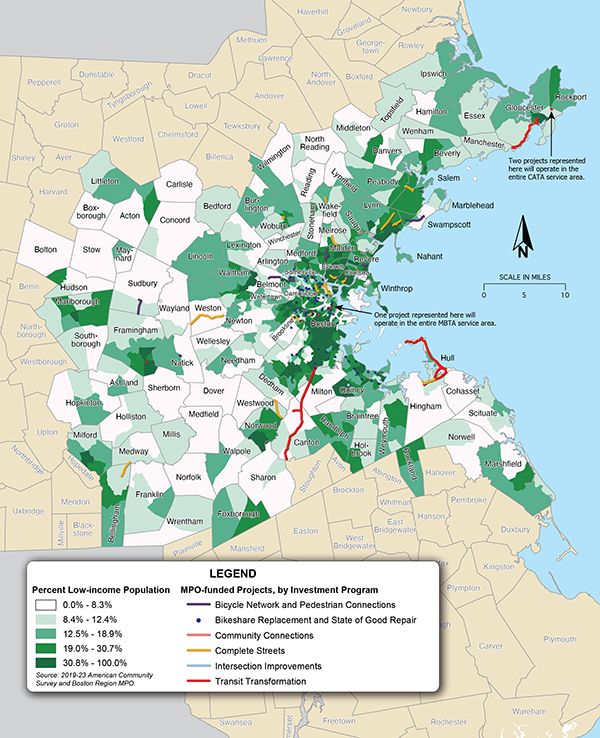 Figure 5-2 shows the percent of the low-income population in Boston region Census tracts, overlaid with MPO-funded projects in the TIP.
